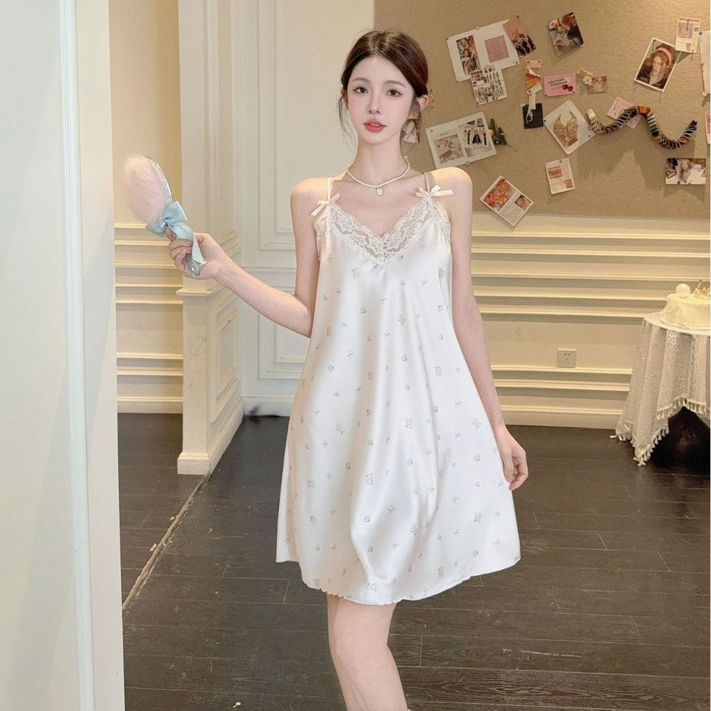 Sexy pajamas women Ice Ribbon chest pad summer ice silk new nightgown pure lust wind sweet print lace loungewear