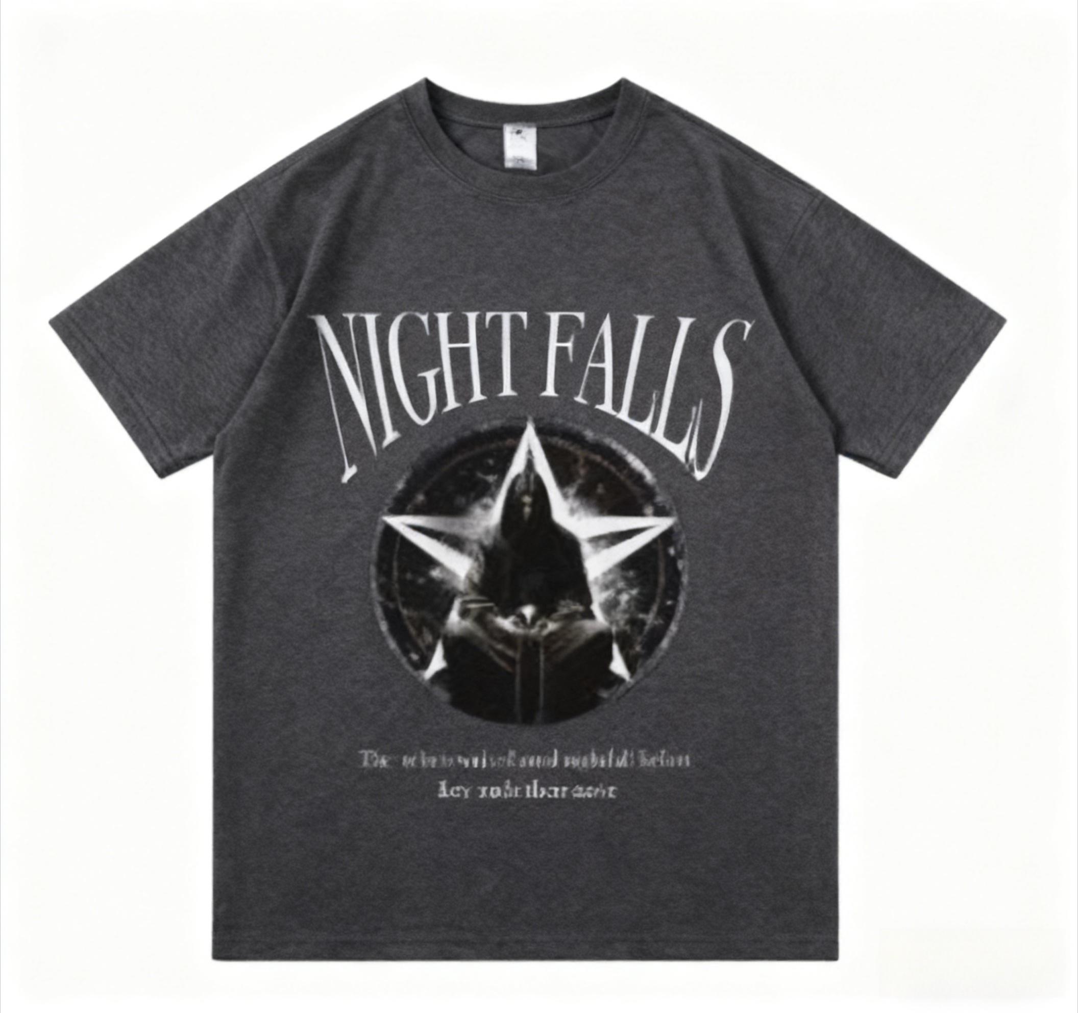 

Black Night Falls T-Shirt with Gothic Pentagram Graphic Perfect for Dark Fashion Enthusiasts Into Occult Inspired Street Style 4XL
