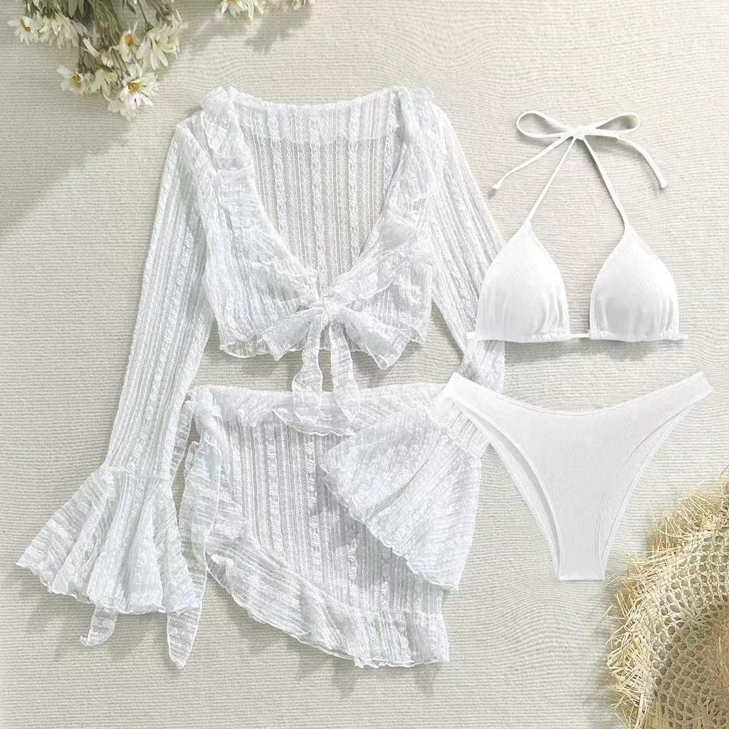 Sexy Women Thong Solid Color Bikini Set Side Halter Tie Swimsuit Ladies Split Strap Adjustable Brazilian Swimwear Beachwear Four-piece Bikini Swimsuit