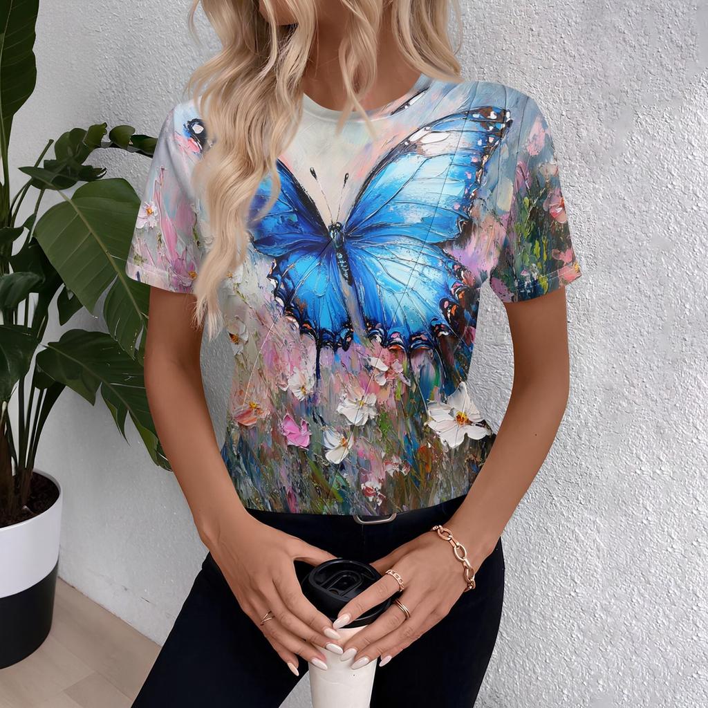 Women's Short Sleeve Tops Pleated  Neck Loose Fit T-Shirt