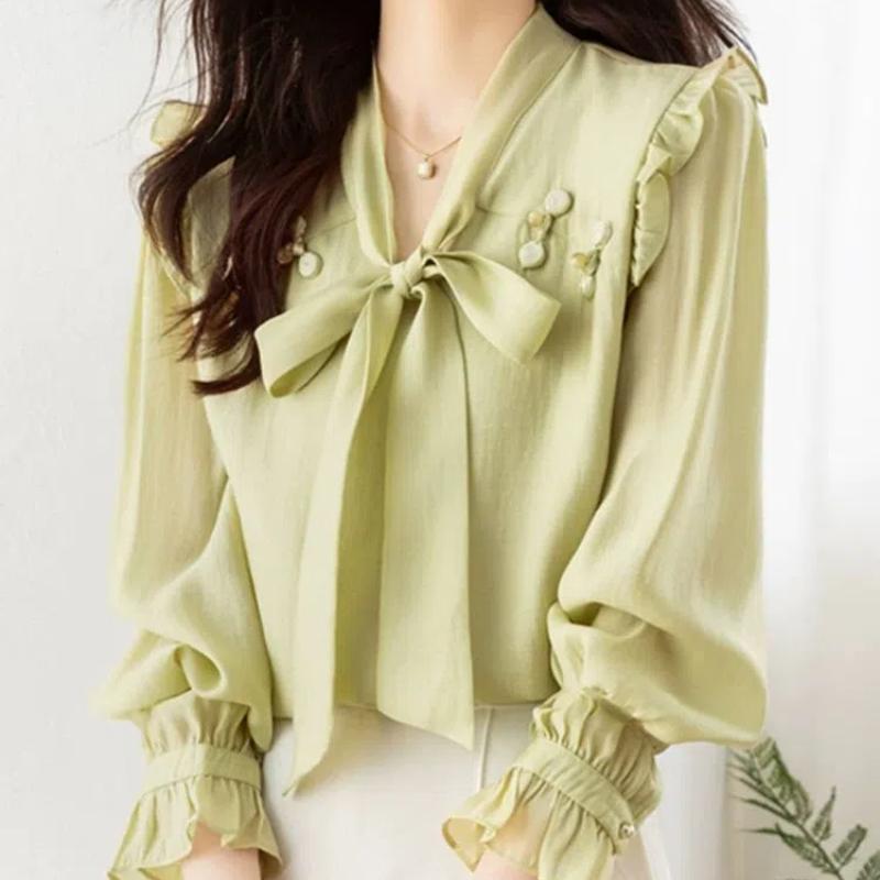

Butterfly Knot Long Sleeved Chiffon Shirt for Women New High-end and Chic Youthful and Stylish Small Shirt S зелений