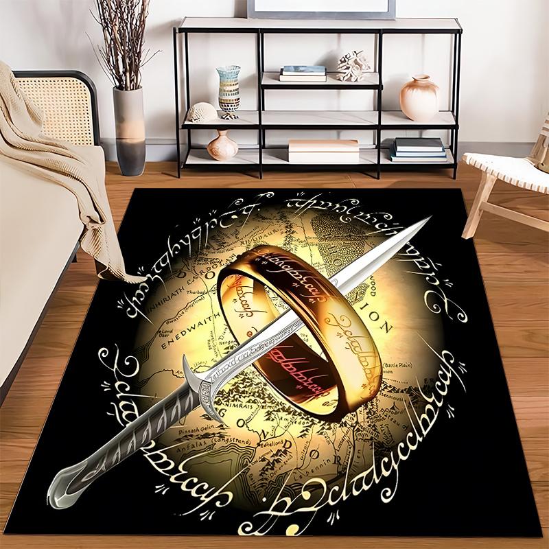 "Fantasy Style Carpet with Ring, Sword, and Elvish Text Motif" Suitable for Use As an Anti-slip for Living Room Bedroom Sofas