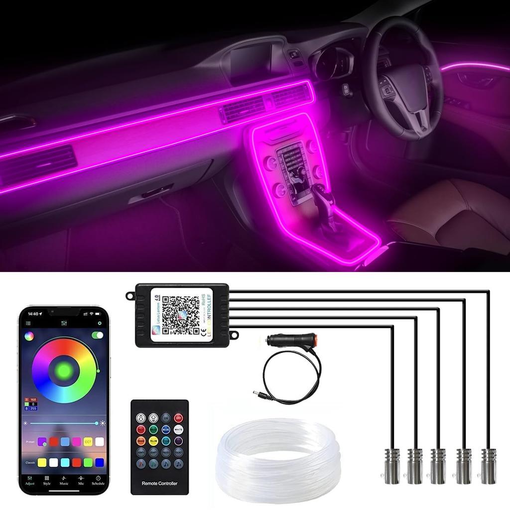 OBEST Car LED Strip High Infinitely Adjustable Stepless Adjustable Remote Control 12V Light, RGB, Brightness, App-Enabled, Sound-Responsive, Colors,
