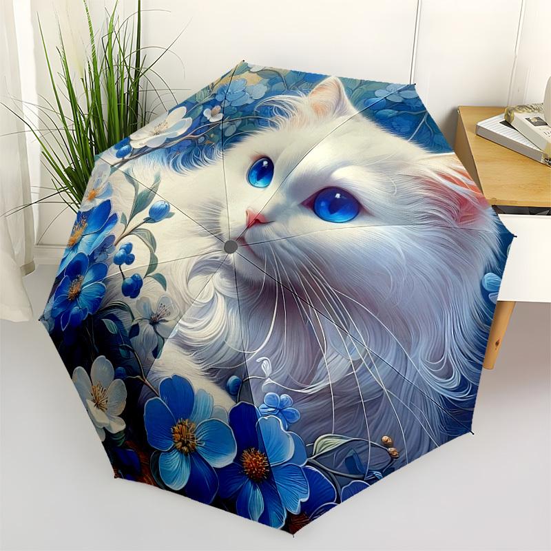 

1 шт. Складной зонт-трость с автоматическим открытием и закрытием, с принтом Цветочный кот , 8 металлических спиц - Портативный, складной для путешествий yy251124143