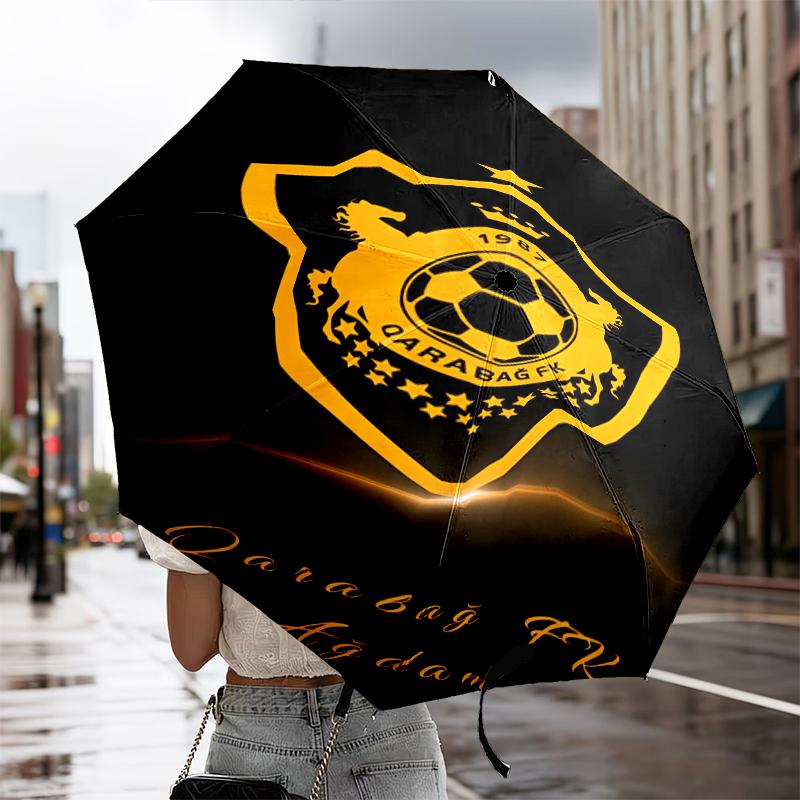 Qarabag Golden Crested Football Emblem Automatic Folding Umbrella - 8-Rib Travel Umbrella with Auto Portable Case, Ideal Gift for Birthdays