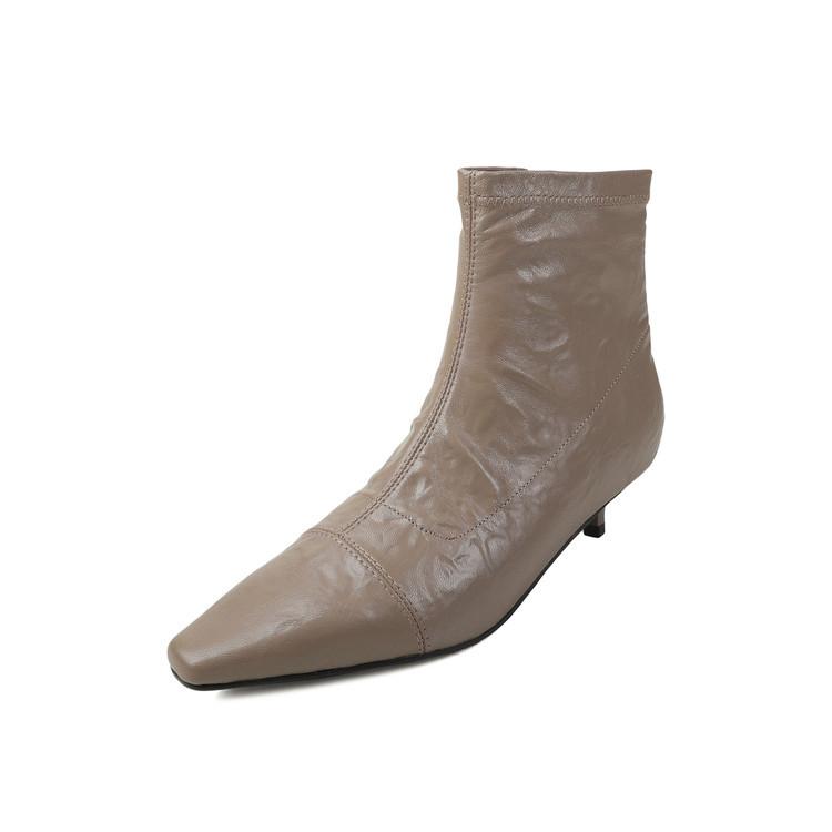 2025 inside and outside full leather small short boots thin heel square head side zipper sheepskin low heel short boots lamb fur boots tide