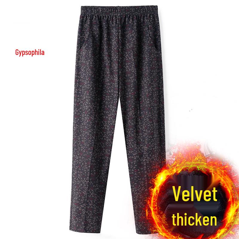 Women's Fleece-Lined Pants, Loose Straight Leg for Middle-Aged/Elderly, Patterned Plus Size, Mom's Style, Fit for All Seasons (Spring, Autumn, Winter)