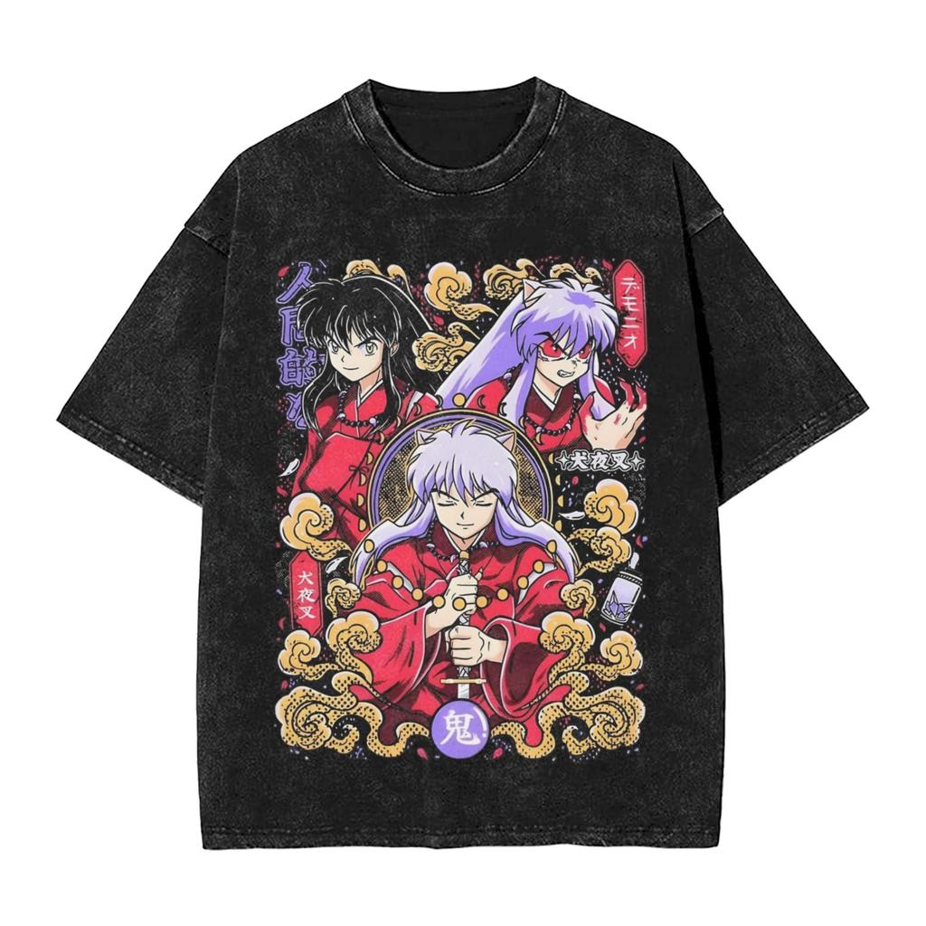 Inuyashas Vintage Poster T Shirts Hip Hop Washed Cotton Oversize TShirt Fashion Men Women Tops Streetwear Graphic Printed Tees