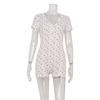 Cnyishe Casual Fashion Small Floral Home Style Comfortable High Waist Slim Fit V-neck Short Sleeve Sheath One-Piece Shorts