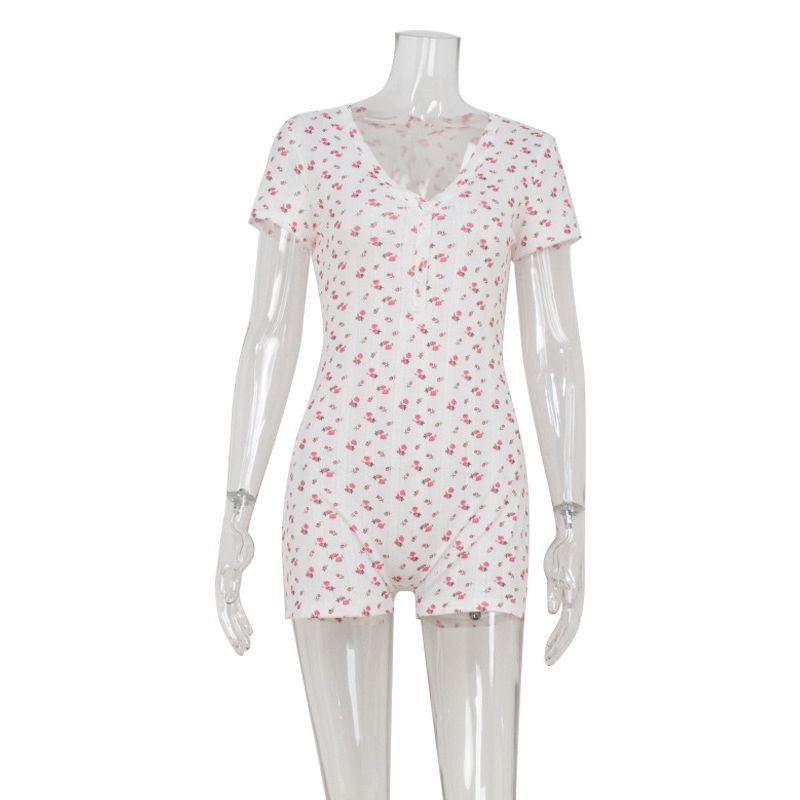 Cnyishe Casual Fashion Small Floral Home Style Comfortable High Waist Slim Fit V-neck Short Sleeve Sheath One-Piece Shorts