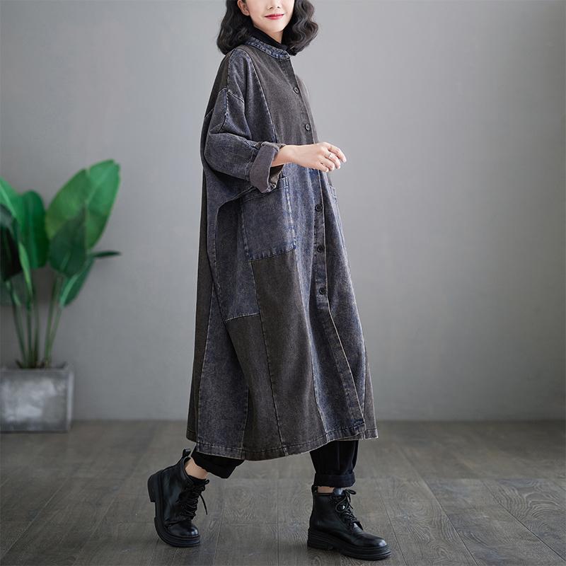 Spring Women Denim Coat Spliced Cotton Buttons Casual Vintage Long Jacket Loose Oversized Pockets