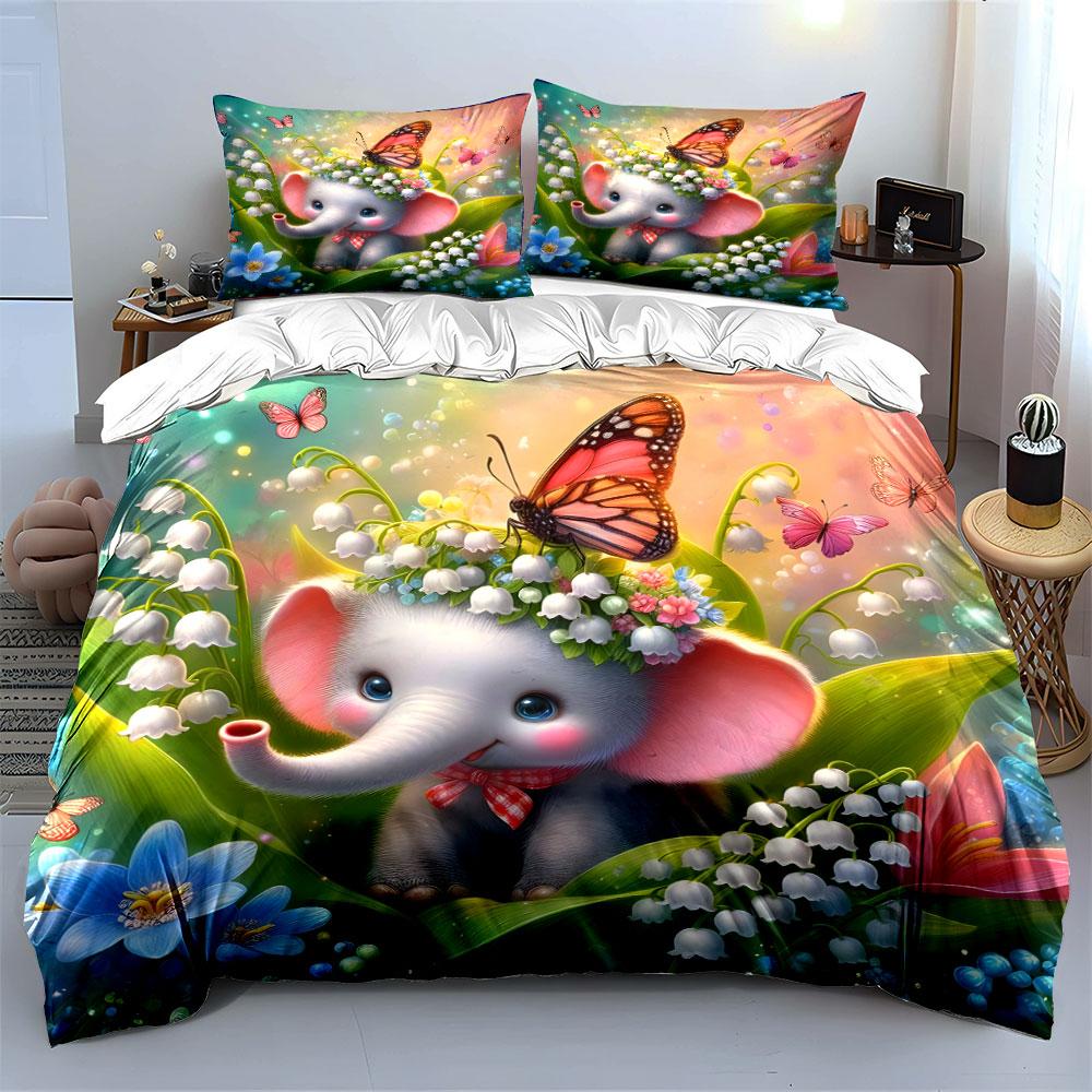 Cute Elephant and Butterfly Blossoms Bedding Duvet Cover Set  (1*Duvet Cover 2*Pillowcases, Without Duvet Insert)
