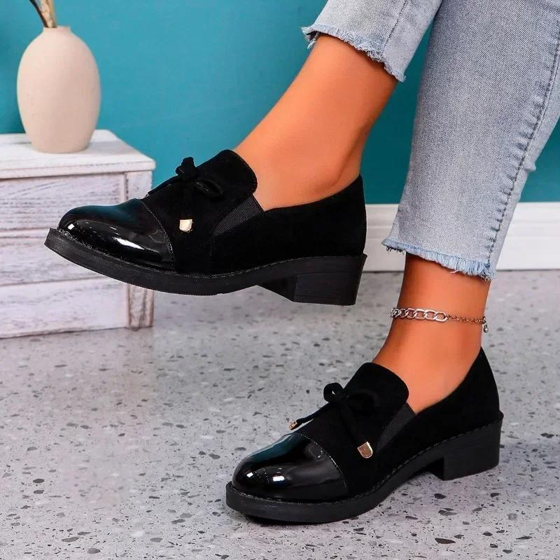 Fashion Spring Women's Med Heels Shoes Casual Slip-on Round Toe Loafers Ladies Office Pumps Ladies Fashion Bow Square Heel Shoes Women