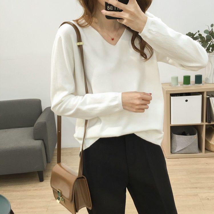 Women's V-Neck Knit Sweater: Large Size, Loose Fit, Slimming, Solid Color, Perfect for Early Autumn and Winter