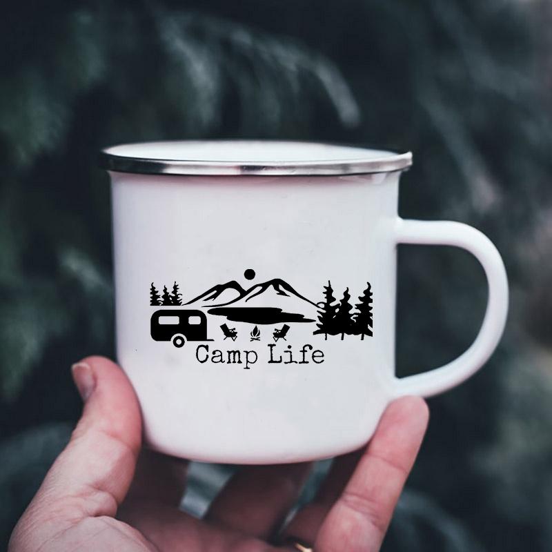 Bergmotiv Emaille-Tassen Campingbecher mit Henkel Trinkgeschirr Urlaub Wandern Lagerfeuerbecher Outdoor Wohnmobil Kaffeetasse Camper Geschenke
