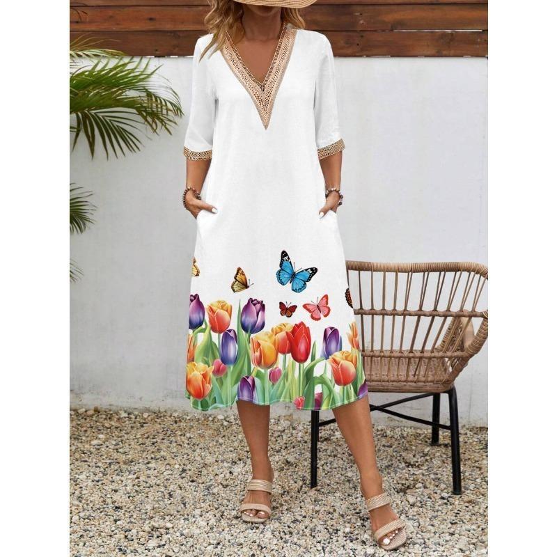 Damen Frühling/Sommer Bedrucktes Kurzarmkleid Spitze V-Ausschnitt Locker Swing Kurzarm Mittellanges Kleid