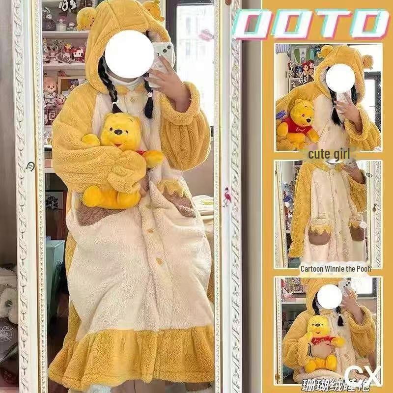 Women's Coral Fleece Hooded Pajama Set - Cute Cartoon Nightgown for Autumn/Winter