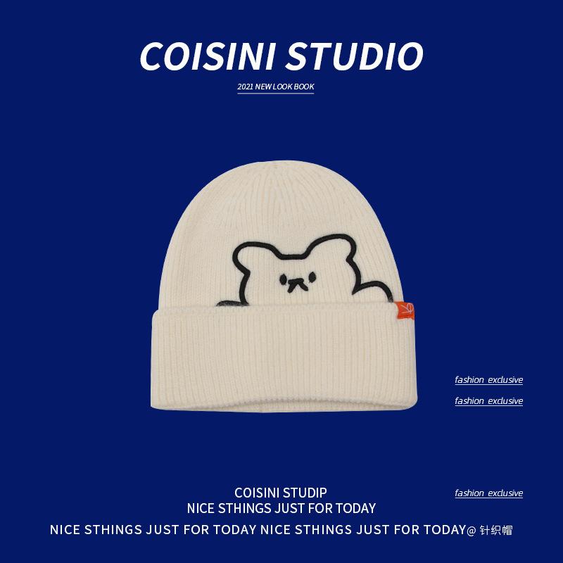 New cute bear embroidered wool hat women's autumn and winter warm ear protection cloth label knitted hat men's versatile women