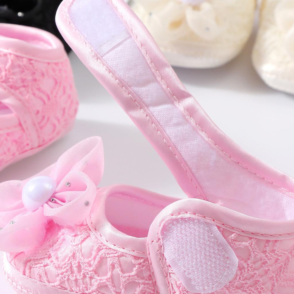 Baby Girls Lace Pearl Rhinestone Bow Crib Shoes & Matching Crochet Headband Set, Soft Dot Anti-Slip Magic Tape Mary Jane Princess Shoes