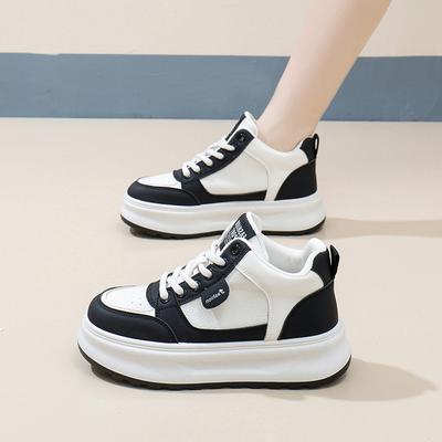 High-top Casual Shoes Female Students 2025 Spring New Versatile Thick-soled Panda Black and White Color Matching Casual Board Shoes XY688
