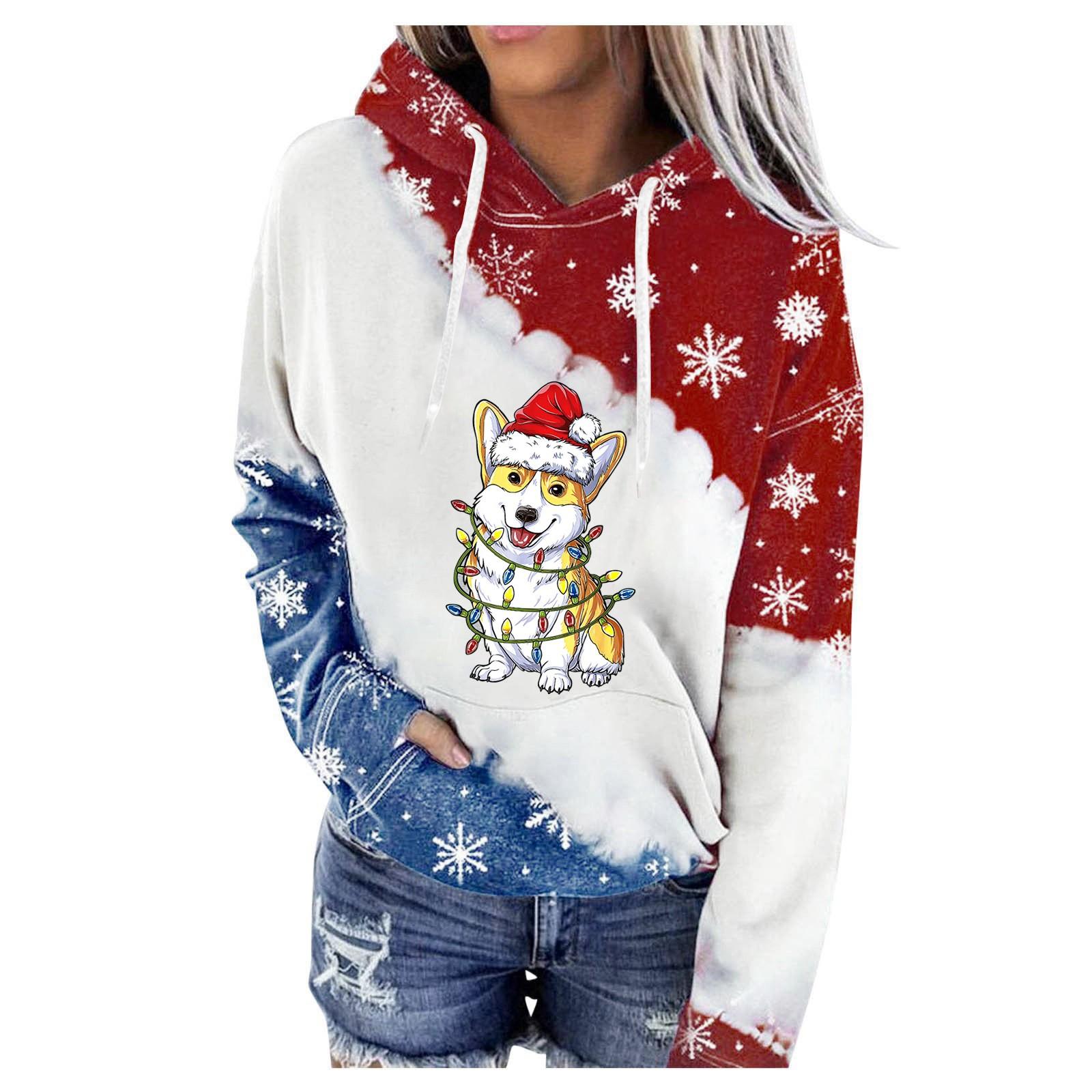 

Женская мода для отдыха, рождественской вечеринки, с длинным рукавом и принтом, свитер корги, пуловер с капюшоном, топ S белый