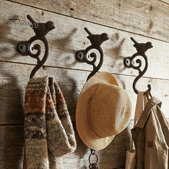 Rustic Terrace Decorative Accents Vintage Iron Birdcage Wall Mount Hooks, Metal Bird Plant Hanging Basket Hook for Home Outdoor Garden Hooks