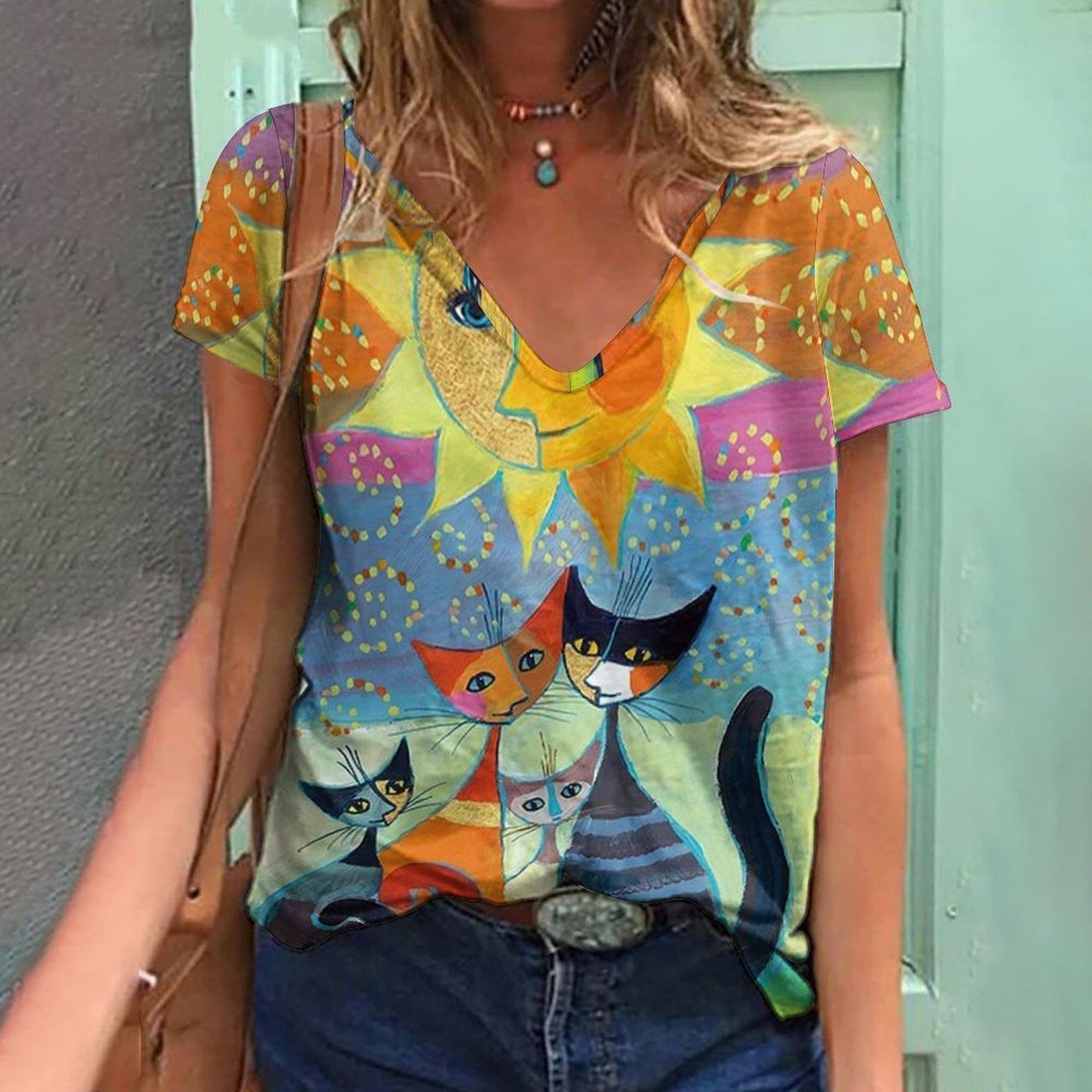 

Женская футболка в стиле ретро, ​​одежда с рисунком кота в стиле аниме для девочек, летние футболки с v-образным вырезом и короткими рукавами, женская уличная одежда в стиле Харадзюку, блузка оверсайз L