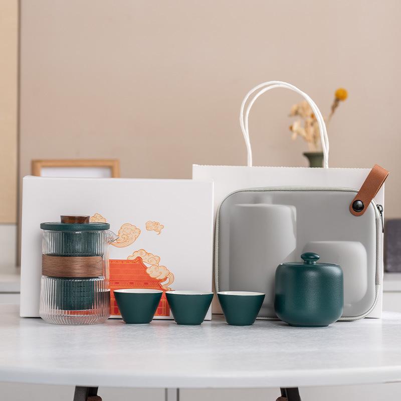 Yuanshan suet jade porcelain travel tea set outdoor set high-end celebration commemorative business souvenir gift box gift bag