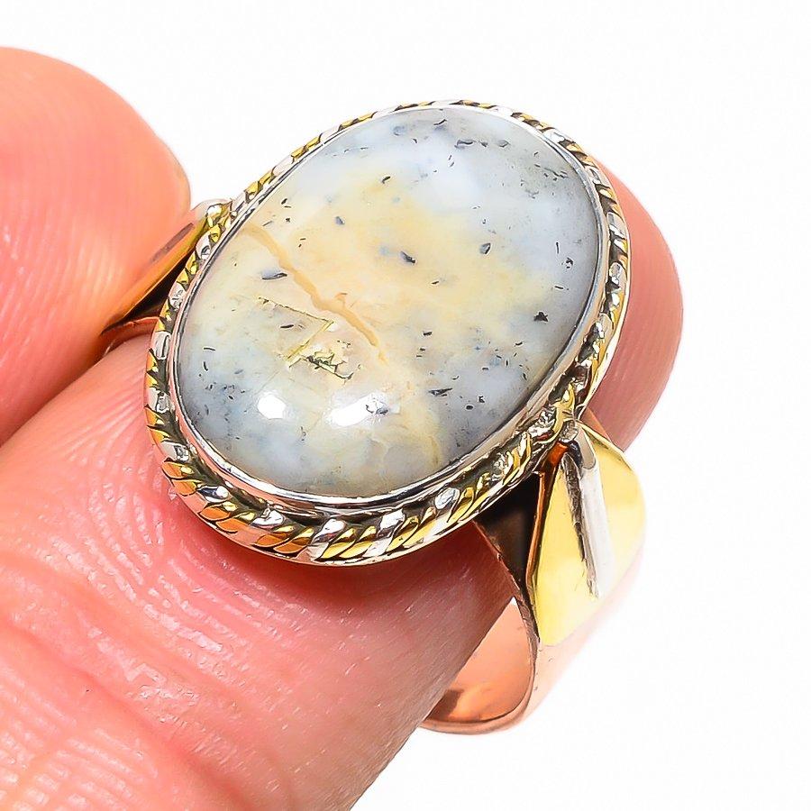 Natural Dendrite Opal Gemstone Two Tone 925 Solid Silver Gift Ring S.10.5 u6h97