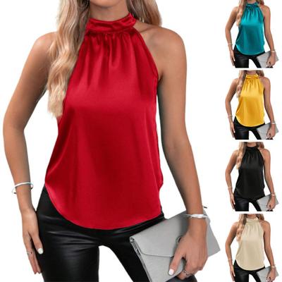Sommer Satin Weste Neckholder Off Shoulder Einfarbig Ärmellose Tops Glatte Oberfläche Pullover Tops Loose Fit