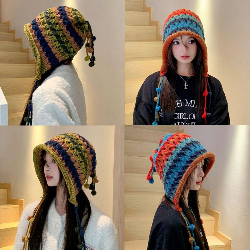 Colorful Beanie Cap Tassel Ear Protector Cap Sweet Knitted Hat