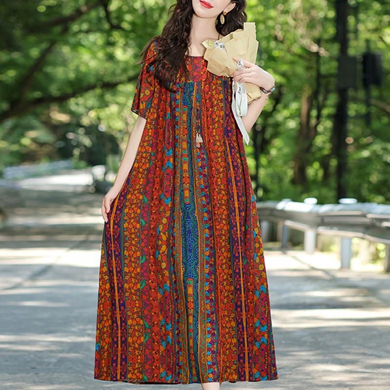 Elegant Summer Loose Dress Woman Vintage Clothes Plus Size Casual Short Sleeve Long Dresses