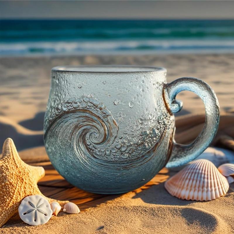 Sea Glass Wave Mug 12 Oz Handblown Ocean Wave Glass Mug Cup Unique Textured Beach Theme Mug For Tea Wine Handcrafted Sea Inspire
