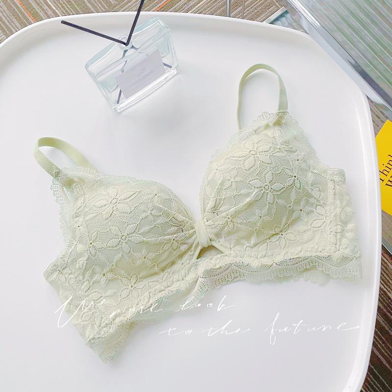 Women's Beige Floral Lace Bralette Bow Decor Wireless Triangle Bra