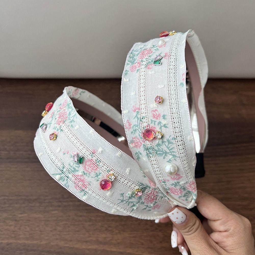 Korean Style Embroidery Lace Headband Floral Rhinestone Hair Band Sweet Bow Hair Rope  Headwear