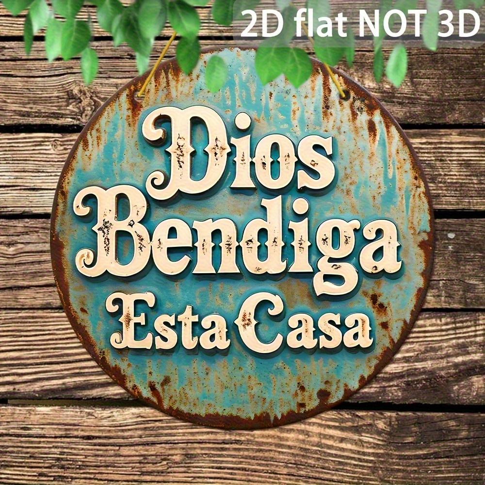 Gott Segne Dieses Haus Spanische Segnung Rundes Metallschild D Flach Gedruckt Vintage Rustikal Türkis Abgenutztes Zinnschild Rel