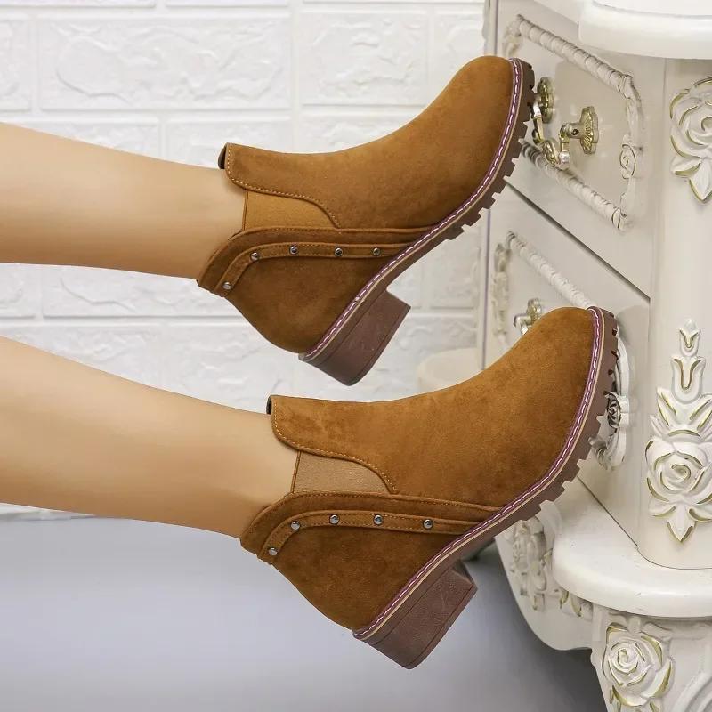 Fashion Shoes for Women 2024 Fashion Slip on Women's Boots Autumn Round Toe Solid Flock Short Barrel Chunky Heels Large Size Roman Boots