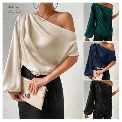 Μακρυμάνικο μπλουζάκι με κλίση ώμου Sexy Off Shoulder Φαρδύ τρούφα ώμους ιδιοσυγκρασία Γυναικείο λοξό γιακά τοπ Γυναικεία μπλουζάκια