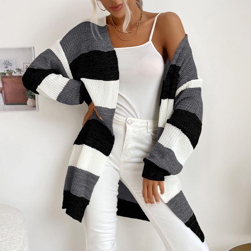 Casual Trend Versatile Autumn and Winter Women's Long Section Without Buttons Colorblocking Sweater Coat