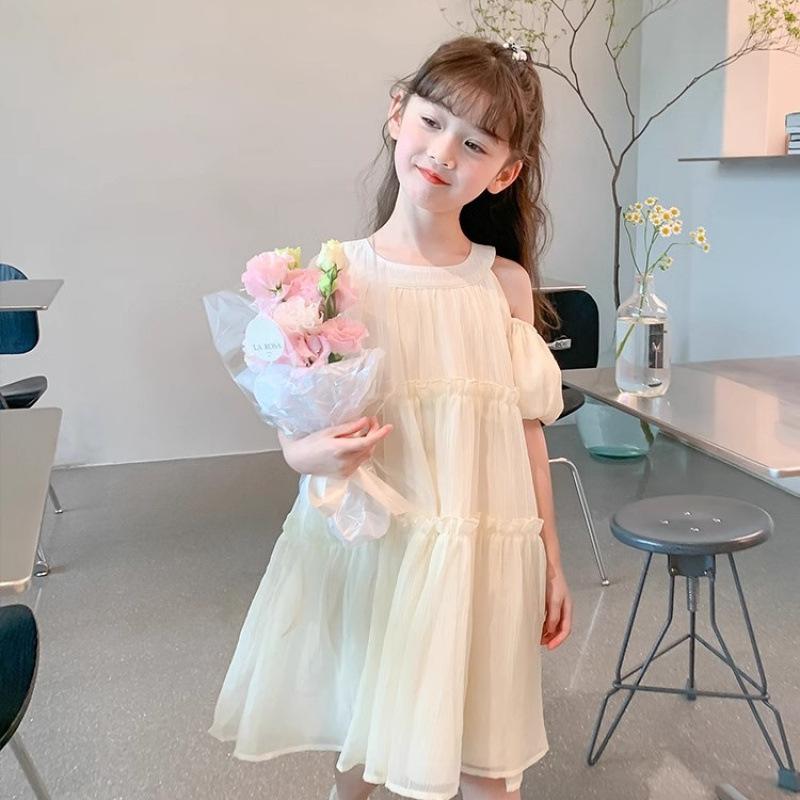 Girls Short Sleeve Chiffon A-Line Summer Dress Off-Shoulder Princess Tiered Skirt