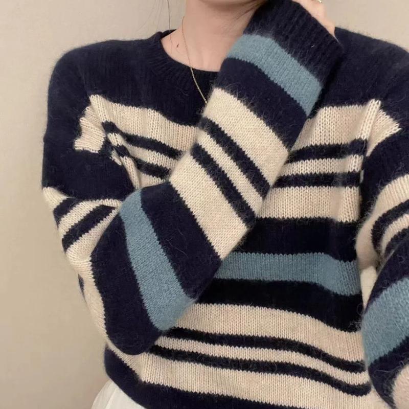 Koreanischer Herbst Neue Pullover Damen O-Ausschnitt Gestreift Kontrastfarbe Mode Lässig Locker Langarm Stricktops