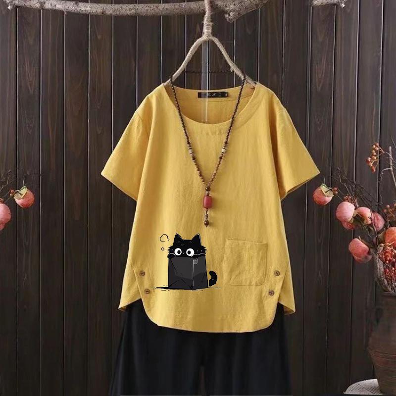 Floral Vintage Linen Tee, Women's Summer Graphic Shirt, Boho Style Crew Neck, S-4XL