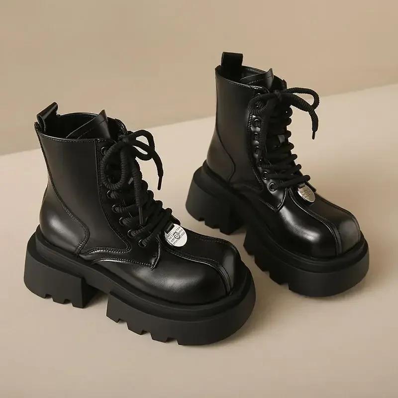 Fashion Lace-up Woman Short Shoes With Laces Biker Leather Booties Hot New In Fashion 2024 On Promotion Winter Y2k Ankle Boots for Women