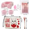 Valentine's Day Set 16pcs Girly Pink Makeup Tool Set Makeup Wash Bag Brush Set Flannelette Skin Care Bow Headband - Suitable for Everyday Use