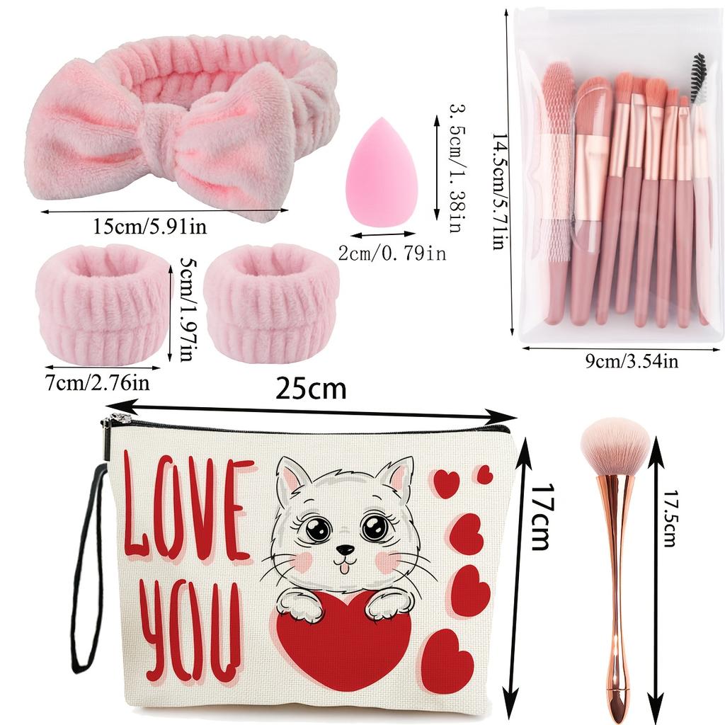 Valentine's Day Set 16pcs Girly Pink Makeup Tool Set Makeup Wash Bag Brush Set Flannelette Skin Care Bow Headband - Suitable for Everyday Use