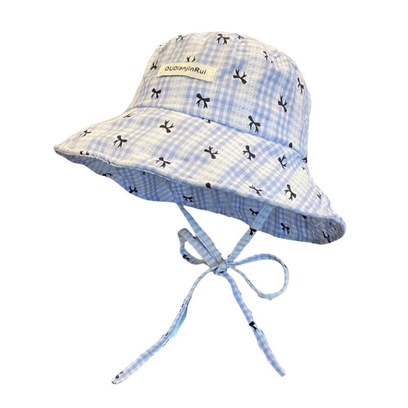 Summer Korean Version of Versatile Literary Bow Plaid Fisherman Hat Women's Tether Sun Protection Hat Showing Face Small Basin Hat