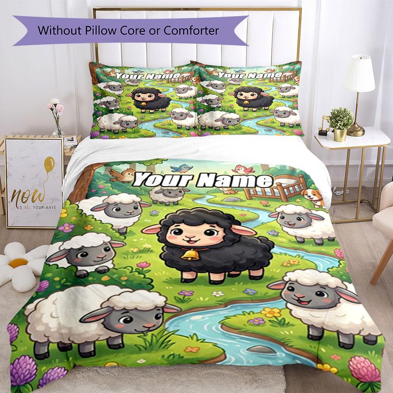 3PC Custom Name Sheep Garden Bedding Set Duvet Cover Closure Includes 1 Duvet Cover & 2 Pillowcases for Bedroom