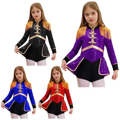 Mädchen Karnevalsparty Kostüm: Zirkusdirektor Magier Pailletten-Bodysuit mit Langarm & Fransen-Schulterklappen, Cosplay-Outfit