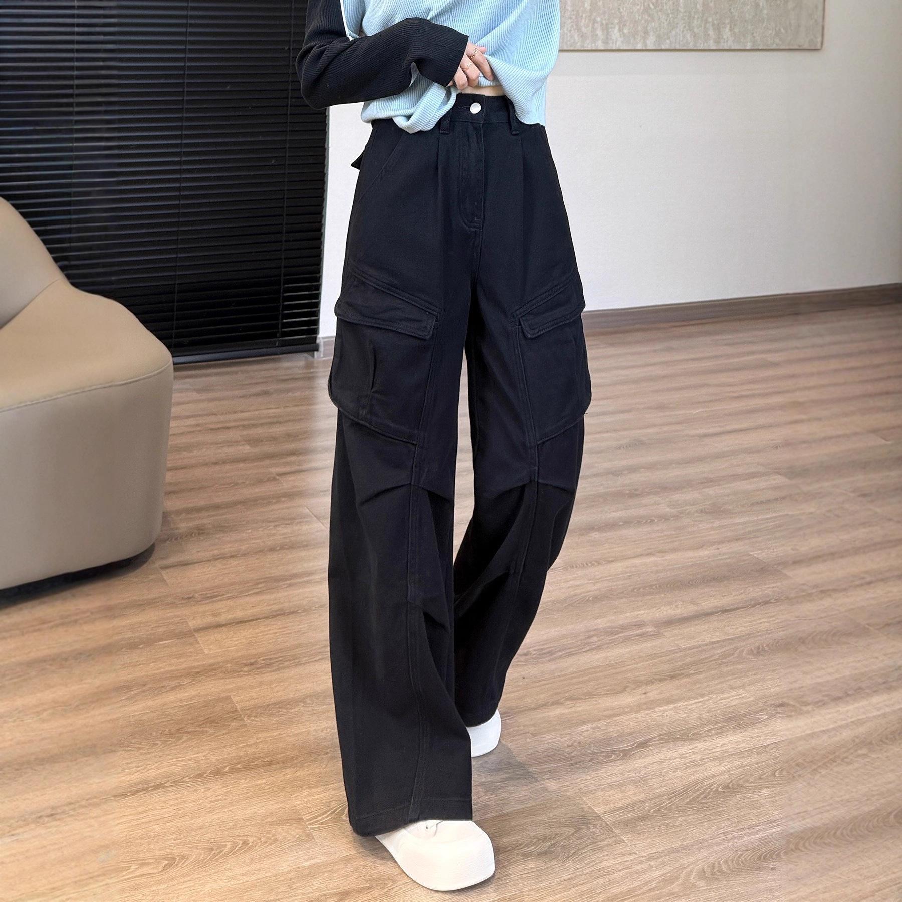 

Chic Miu-Style Wide-Leg Workwear Denim Pants - Functional, Celebrity-Inspired, with Pockets and Three-Dimensional Cut S чёрный
