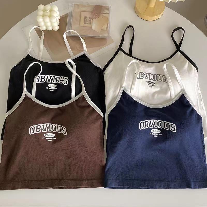 Women With Padded Bra Crop Tops O-neck Solid Crop Tops 2024 Summer Letter Printing Tops Spaghetti Camisole